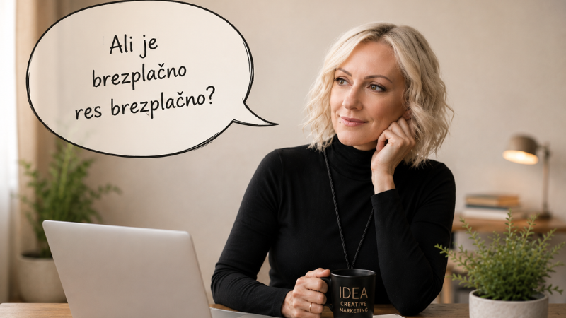 Podjetnica ob skodelici kave razmišlja o brezplačnem marketinškem svetovanju.
